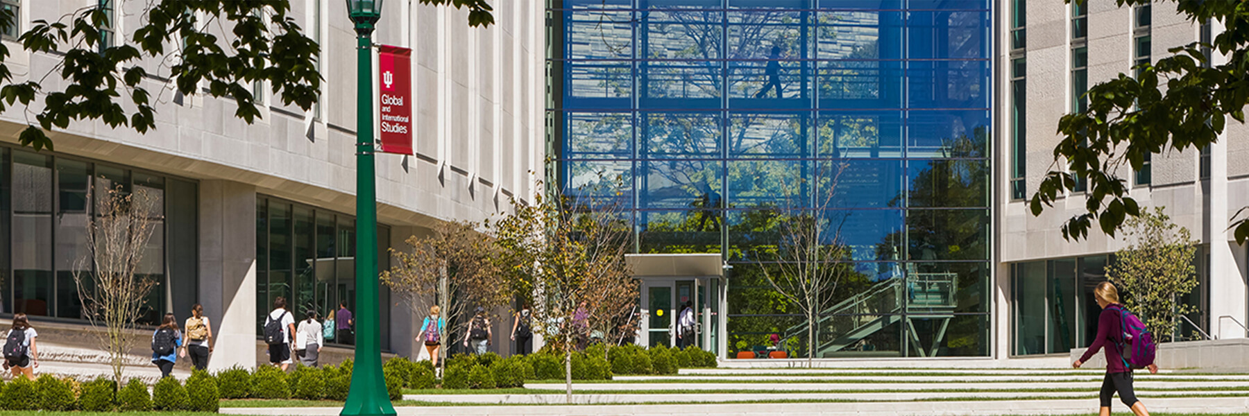 Students walking outside of the Global and International Studies Building